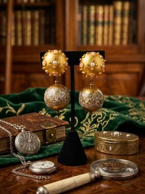 Patti Horn Gold and Pearl Drop Ball Earrings (Rare)